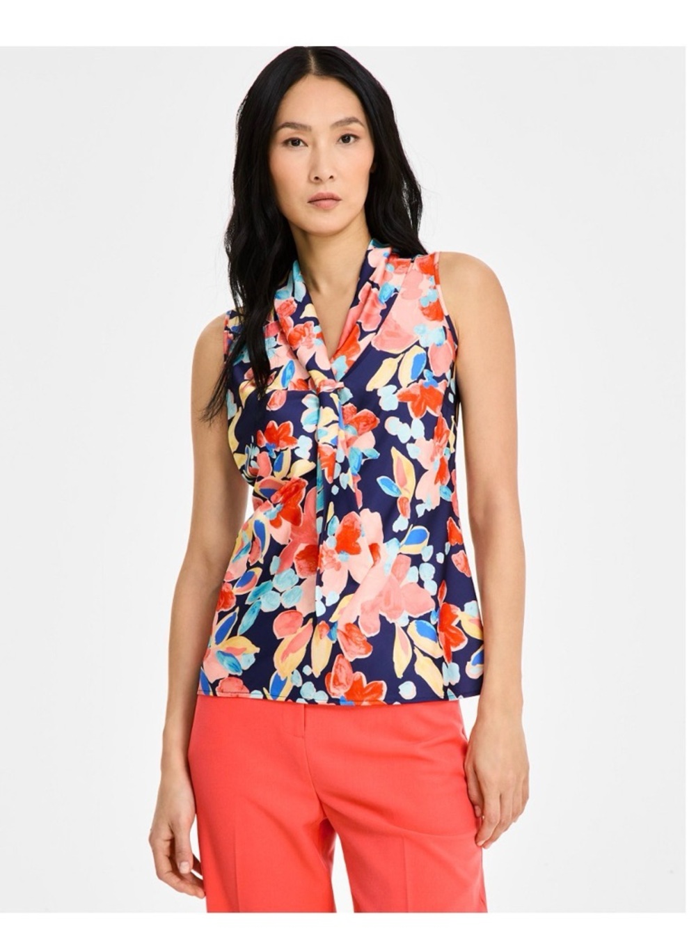 Tahari Sleeveless Floral Tie-Neck Blouse - Navy & Coral Floral